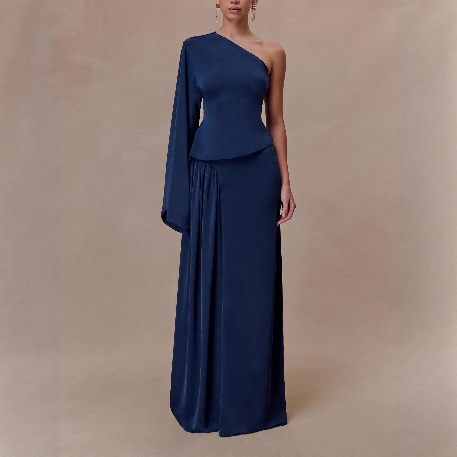 

2025 Women s Fashion Satin One-Shoulder Single Sleeve Dress Extra Small темно-синього кольору