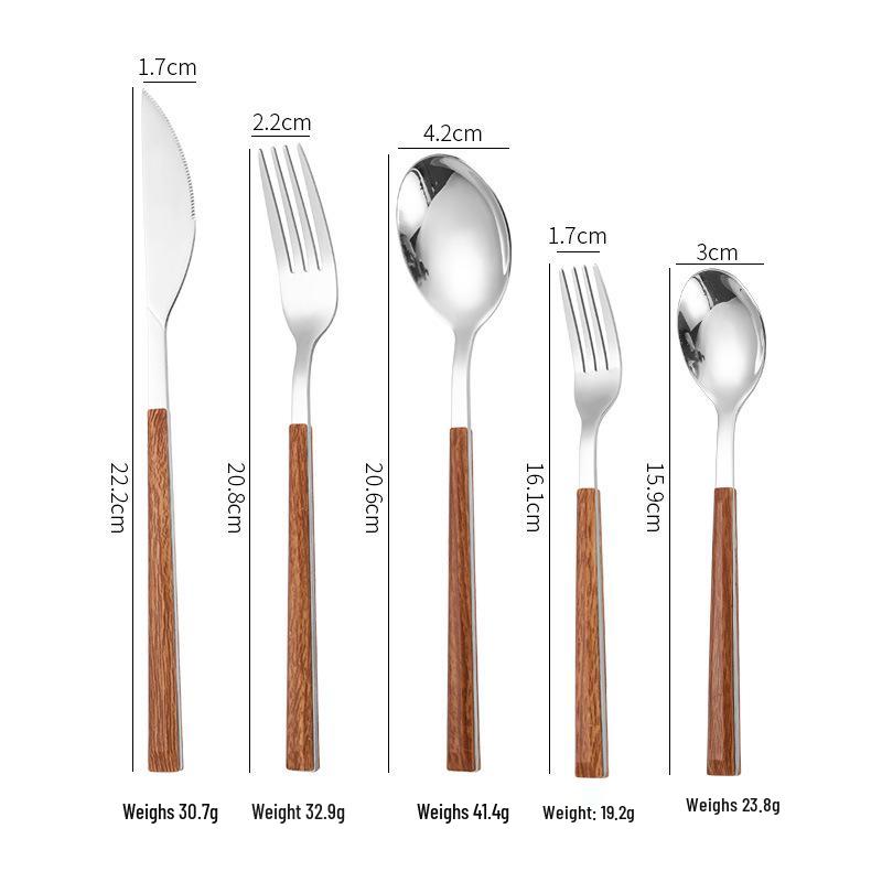 Korean Style 430 Stainless Steel Tableware Set with Imitation Wood Grain Handles: Includes Knife, Fork, Spoon, and Chopsticks