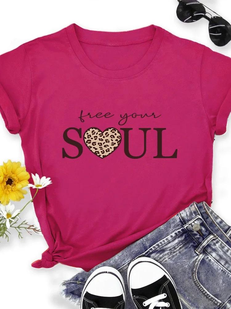 Free Your Soul Leopardhjärta Tryck Dam T-shirt Kortärmad O-ringning Lös Dam T-shirt Dam T-shirt Toppar Camisetas Mujer