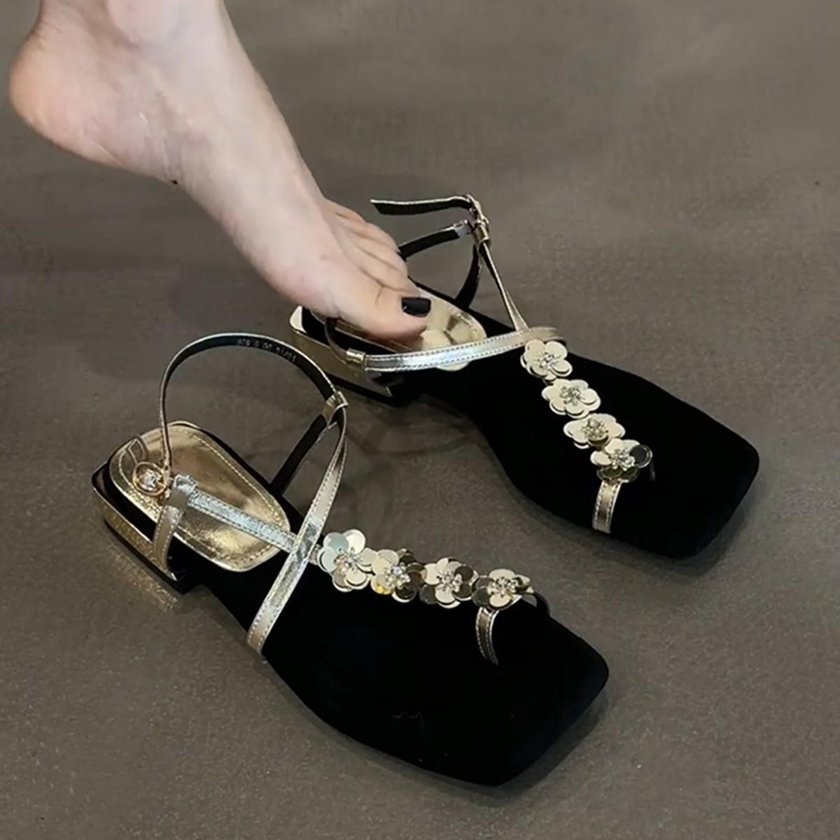 

French high-end sequined flower Roman shoes women s summer soft sole with temperament versatile high heels 35