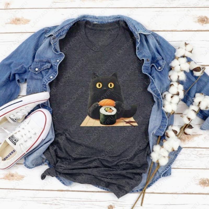 Sushi Cat Unisex Adult Cotton TShirt Creative Trend Kawaii Japanese Foodie Simple Style Oneck Printed Tops Clothes For Women