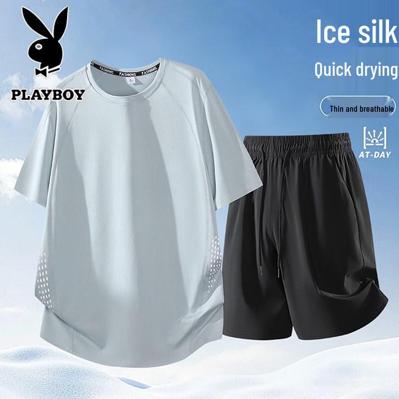 Playboy Men s Ice Silk Short Sleeve T-shirt  Shorts Set 5XL