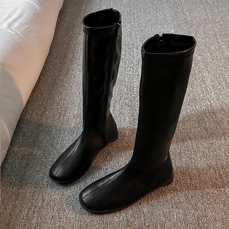 2026 New Spring Autumn Elastic Slimming Woman High Boot Concise Round Toe Shoes Ladies Soft Leather Flats Knight Long Booties