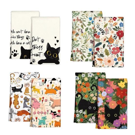 2 Pezzi Strofinacci Colorati Gatto Fiore Super Assorbenti Riutilizzabili Asciugapiatti Lavabili in Lavatrice