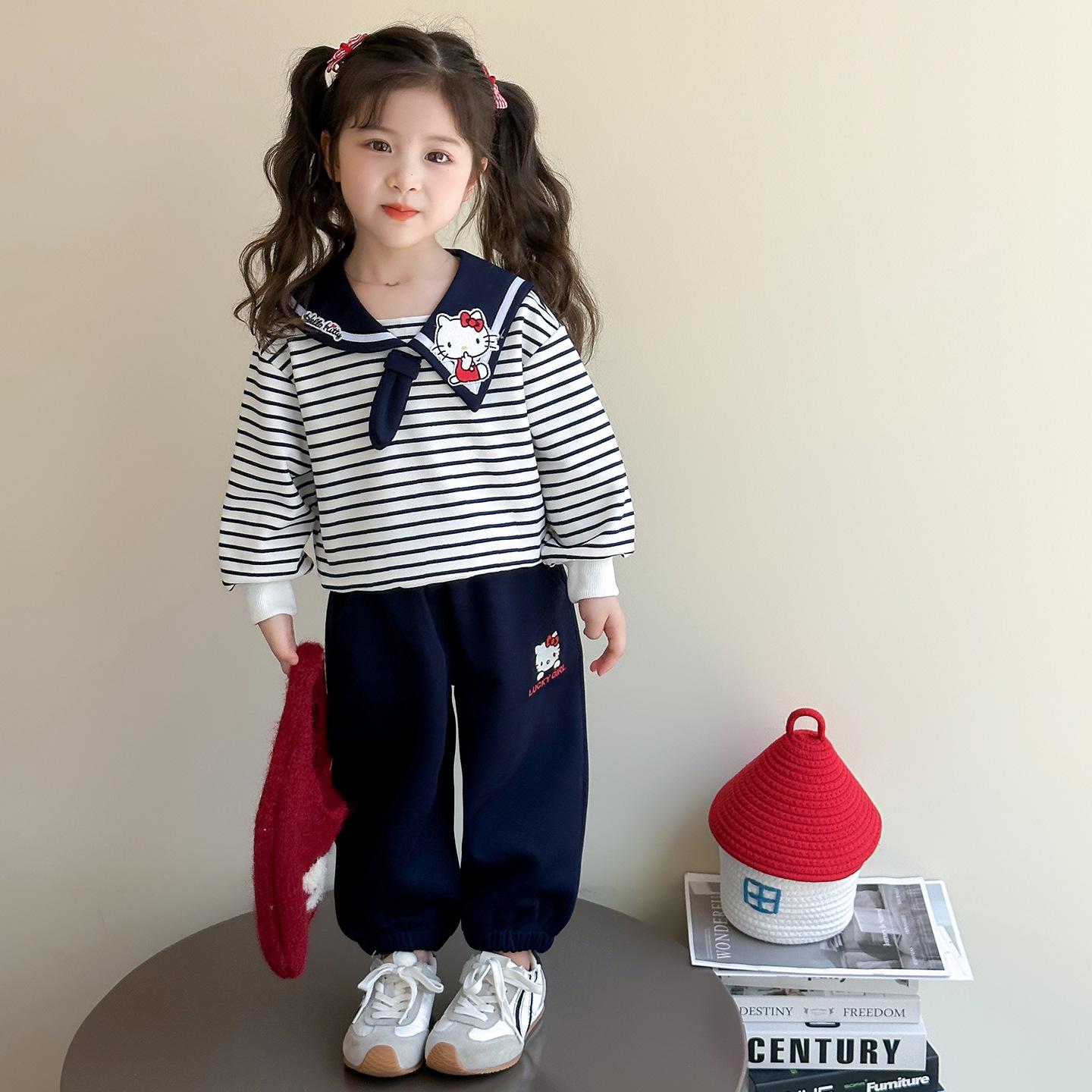

Autumn Striped Sailor Collar Kitten Set: Toddler Girls Casual Two-Piece Sweatshirt and Pants 90 cm темно-синий