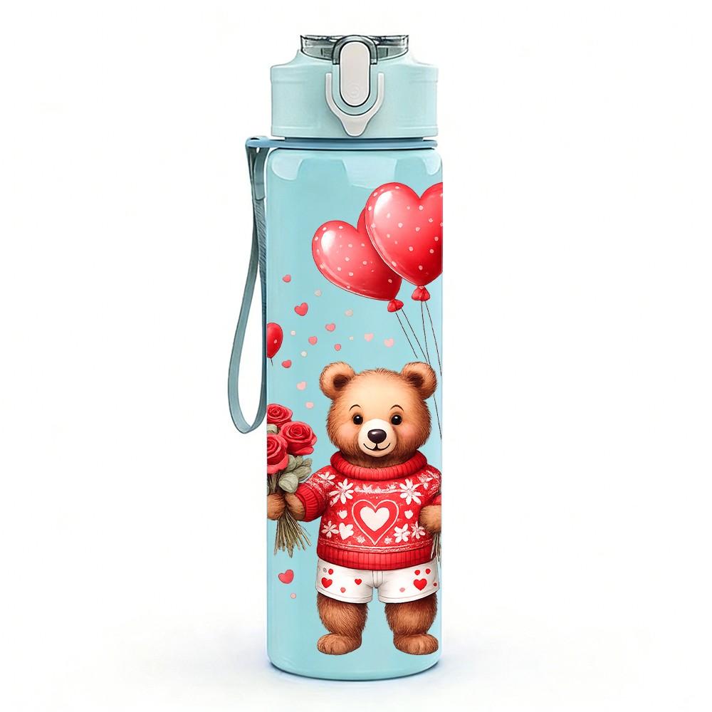 1PC Teddy Bear Heart Love Gift Print 750ml Color Plastic Sports Water Bottle Leakproof Flip Straw Lid Suitable for Sports Office Home Use