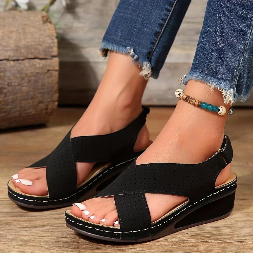 Southeast Asia Women's Cross-Strap Velcro Wedge Sandals - Lightweight, Thick-Soled Beach Sandals