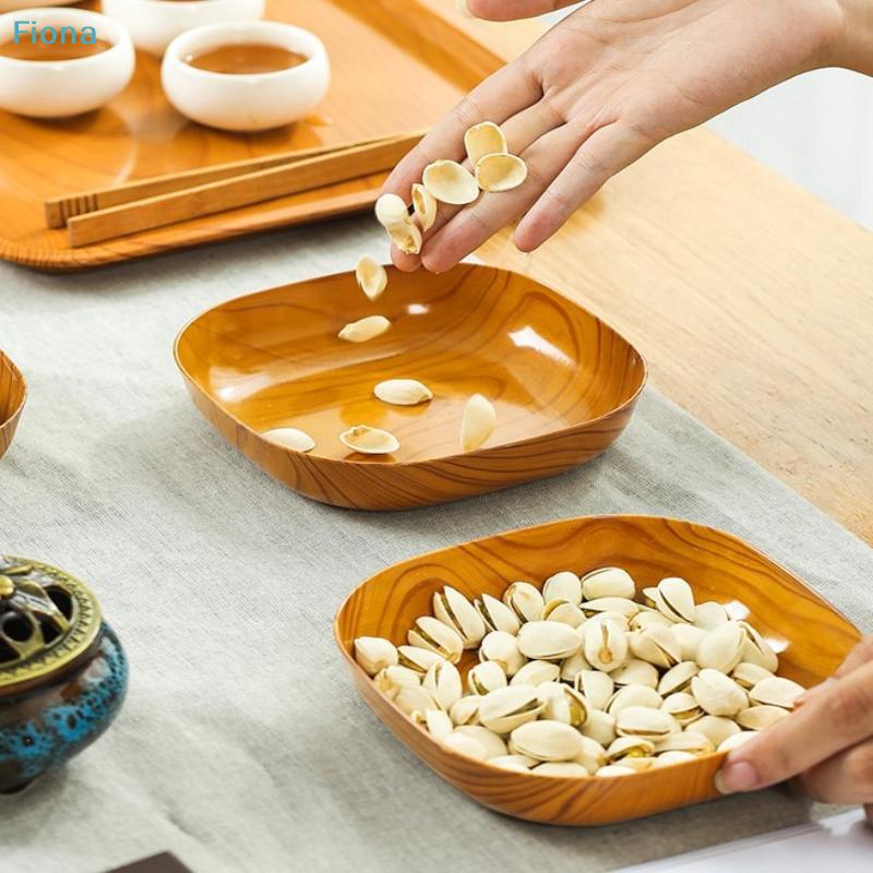 Wood Grain Plastic Serving Tray & Bowl Set,Multi-Shape Reusable Tableware for Fruit,Snack & Kitchen Storage with Storage Holder