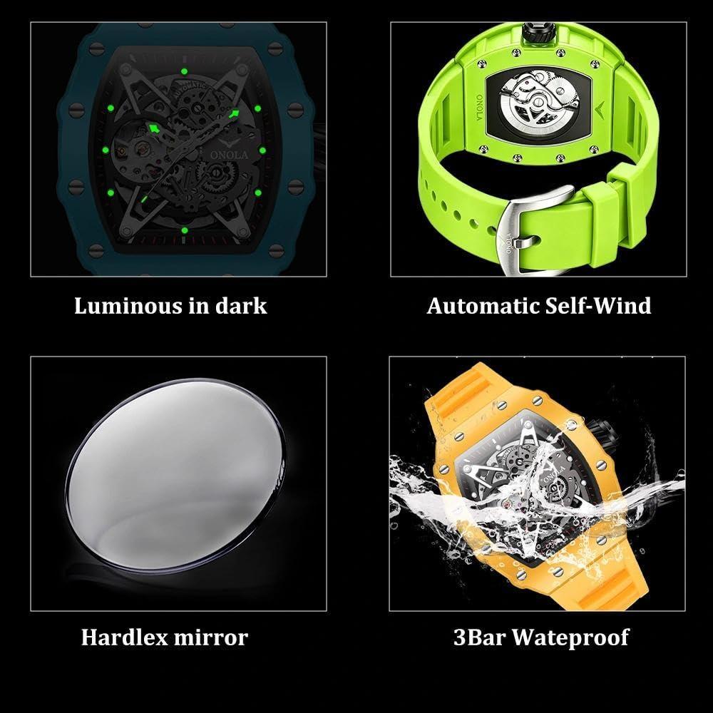 Automatic Skeleton Watch Mens Waterproof Luminous Tonneau Mechanical Wrist Watch Silicone Band