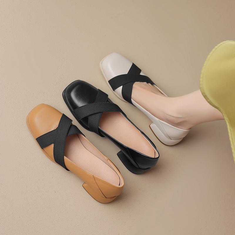 Fashion Women's New Spring and Autumn Square Head Cross Elastic Strap Comfortable Mid Heel Large Casual Single Shoe