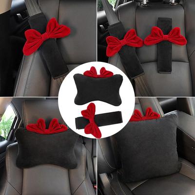 Car Headrest Neck Protector Multi-functional Interior Red Shoulder Belt Girl Seat Cover Bow Decoration Car Creative X1A4