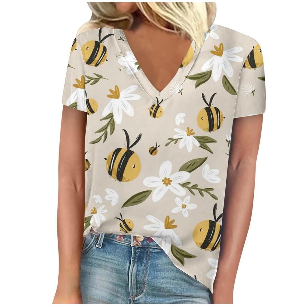 vintage women bee print t shirt short sleeve v neck tops comfortable t-shirts