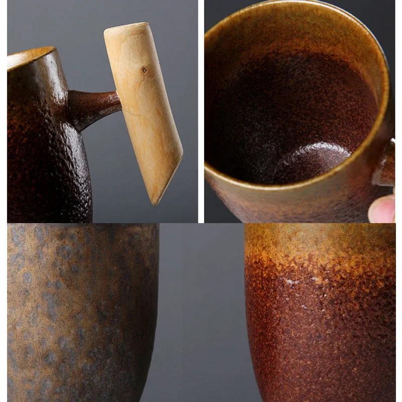 Japanese Vintage Tea Cup Set Ceramic Coffee Mug Rust Glaze Milk Cafe Cup with Wood Handle Water Cup Teacup Home Office Drinkware