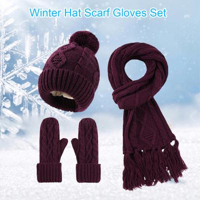 3 Pcs/Set Women Winter Hat Scarf Gloves Set Thick Knitted Heat Retention Elastic Full Protection Tassel Decor Neck Warp