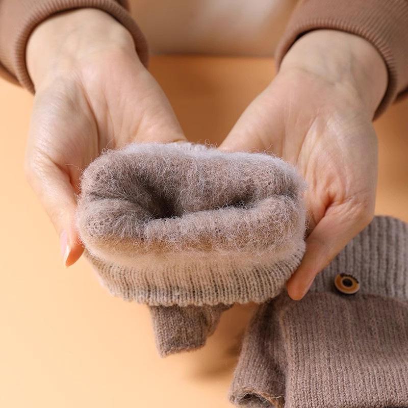 Gants d'hiver tricotés demi-doigts pour femmes avec rabat mignon - Laine de velours chaude, parfaits pour les étudiants qui écrivent.