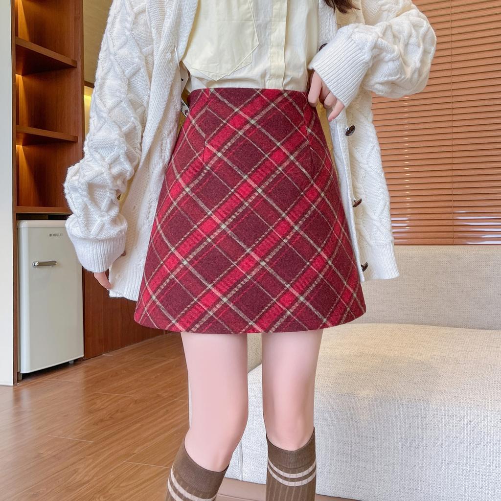 Woolen Skirt Autumn and Winter Retro New Style for Women with High Waist Slimming A-line Plaid Hip-pack Skirt