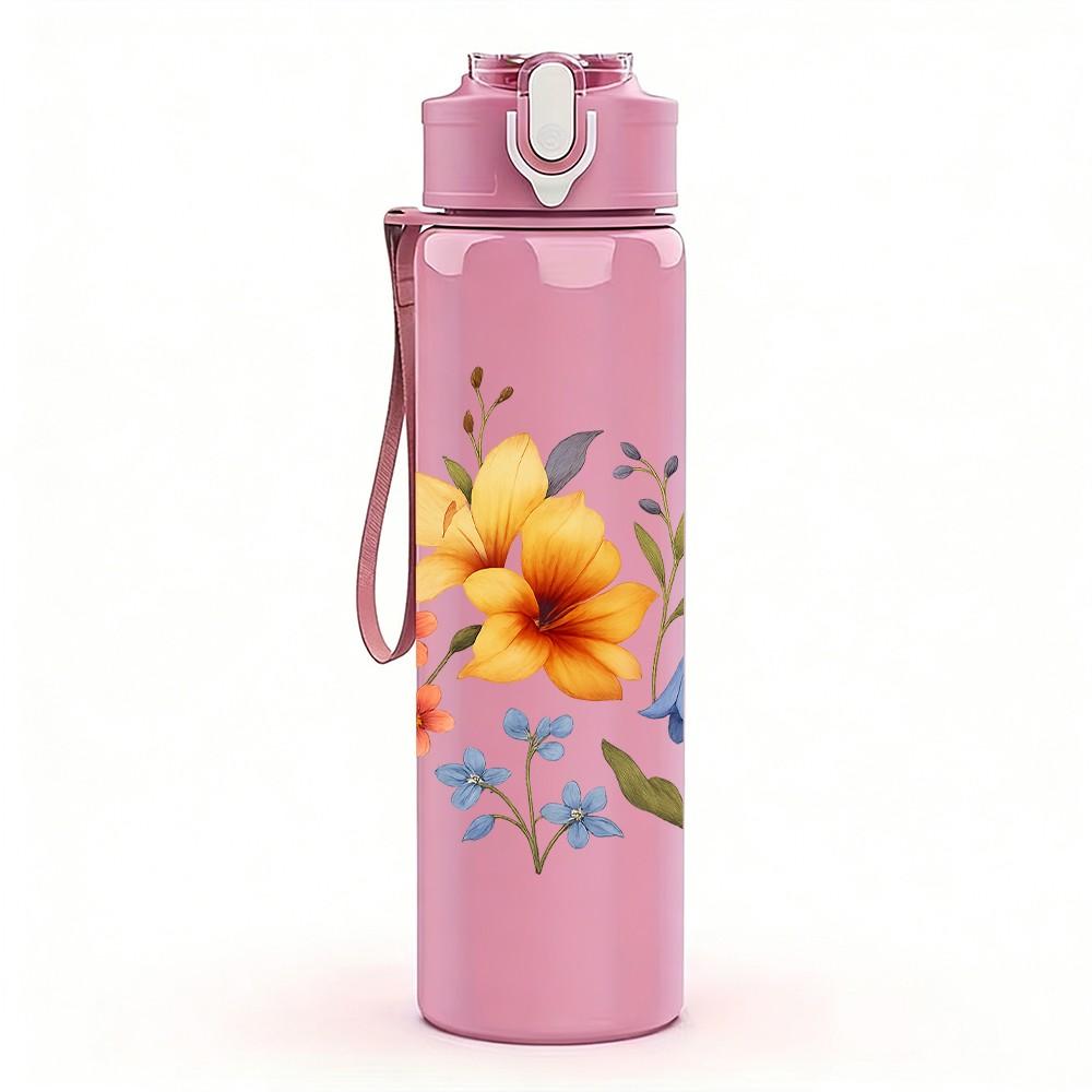 1PC Wild Floral Bouquet Art Print 750ml Color Plastic Sports Water Bottle Leakproof Flip Straw Lid Suitable for Sports Office Home Use