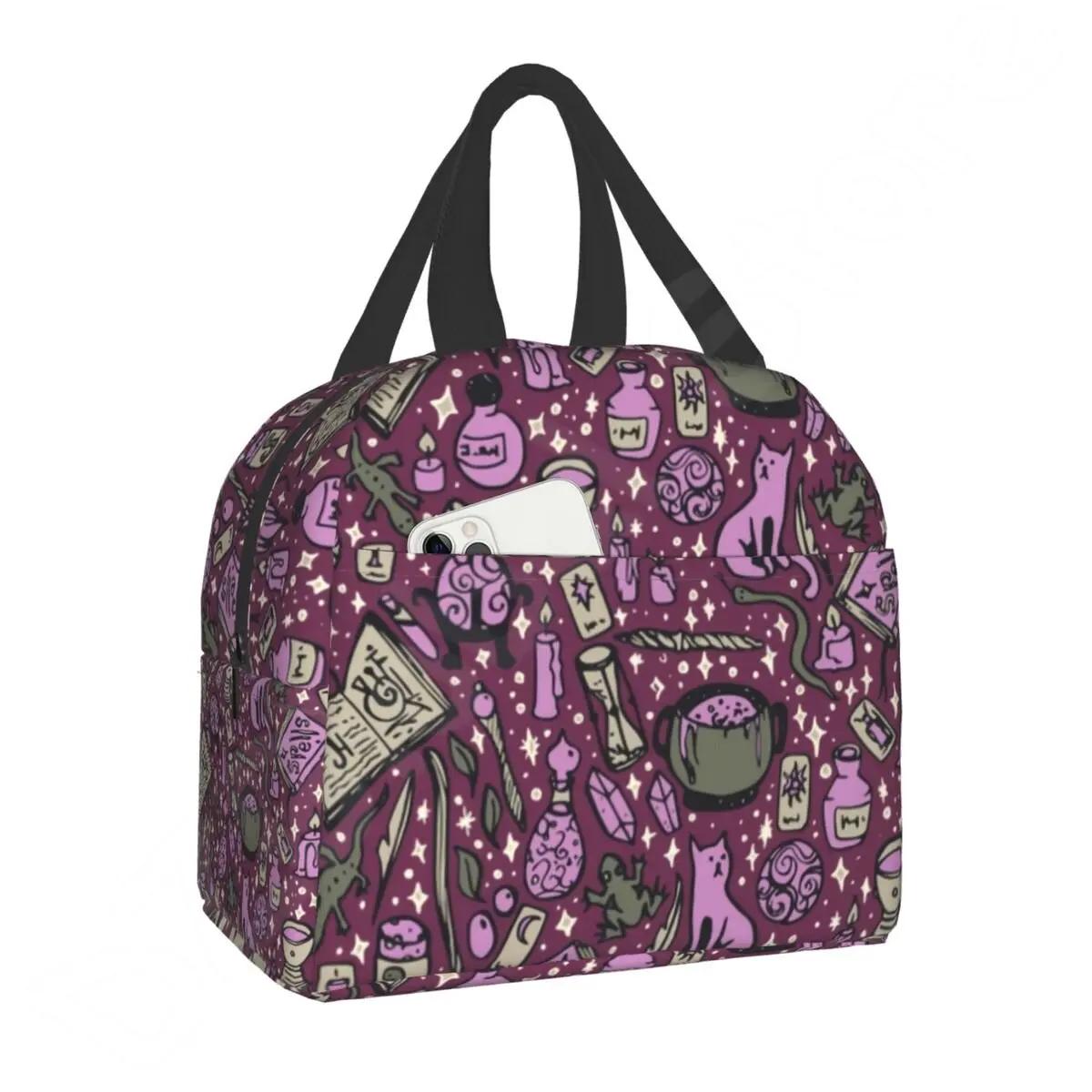 Herb Witch Pattern Insulated Lunch Bag for School Office Halloween Cat Skull Leakproof Cooler Thermal Bento Box Women Children 22x13x20cm