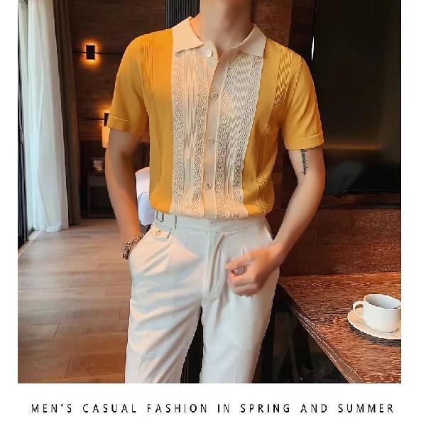 

Летняя мужская вязаная футболка-поло с коротким рукавом в корейском стиле, облегающего кроя, однотонная, из ледяного шелка, повседневная, с поло-воротником, с рукавом до локтя, футболка-основа 3XL жёлтый