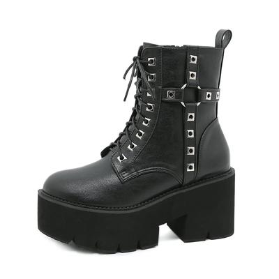 8cm Absätze Herbst Und Winter Dickbesohlt Dicke Absatzstiefel Nieten Mode Schnürung Vorne Seitenreißverschluss Damenstiefel Lhx