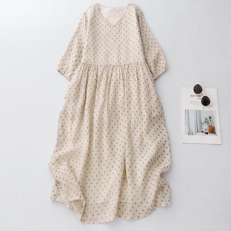 

2025 весна и лето новое высококачественное легкое роскошное платье из хлопка и льна, женское ретро-платье с V-образным вырезом и рукавом семь четвертей, темпераментное длинное платье 2XL бежевый