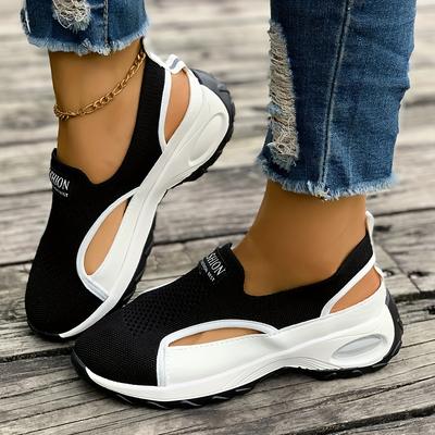 Damen Leichte Atmungsaktive Slipper - Sommerliche Freizeit-Laufschuhe mit Aussparungsdesign, Weiß & Schwarz, Niedrig geschnittenes Obermaterial aus Stoff