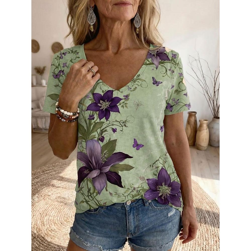 Women s Bohemian Floral Plant Print T-Shirt, Vintage V-Neck Short Sleeve, Blue Orange Green, Spring Summer S