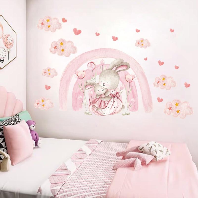 Watercolor Cartoon Rabbit Pink Rainbow Clouds Love Wall Stickers for Kids Room Girl Bedroom Nursery Decoration Bunny Wall Decals
