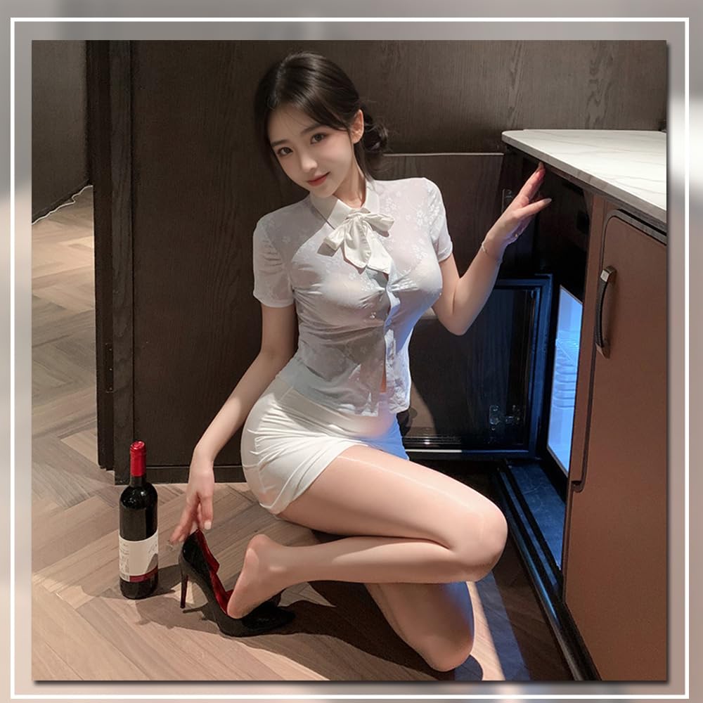 Cosplay Sexy Secretary Uniform Tie Sexy Extreme Tight Skirt Short Sleeve White Lingerie Babydoll Costume Cute Moe Photoshoot Set [Sekuee] Women's