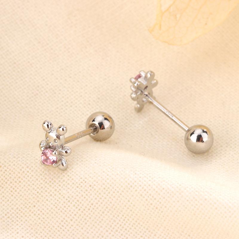 

Cute Pink Diamond Bear Threaded Stud Earrings For Women Small Exquisite Cartilage Earrings Sleep Friendly Jewelry