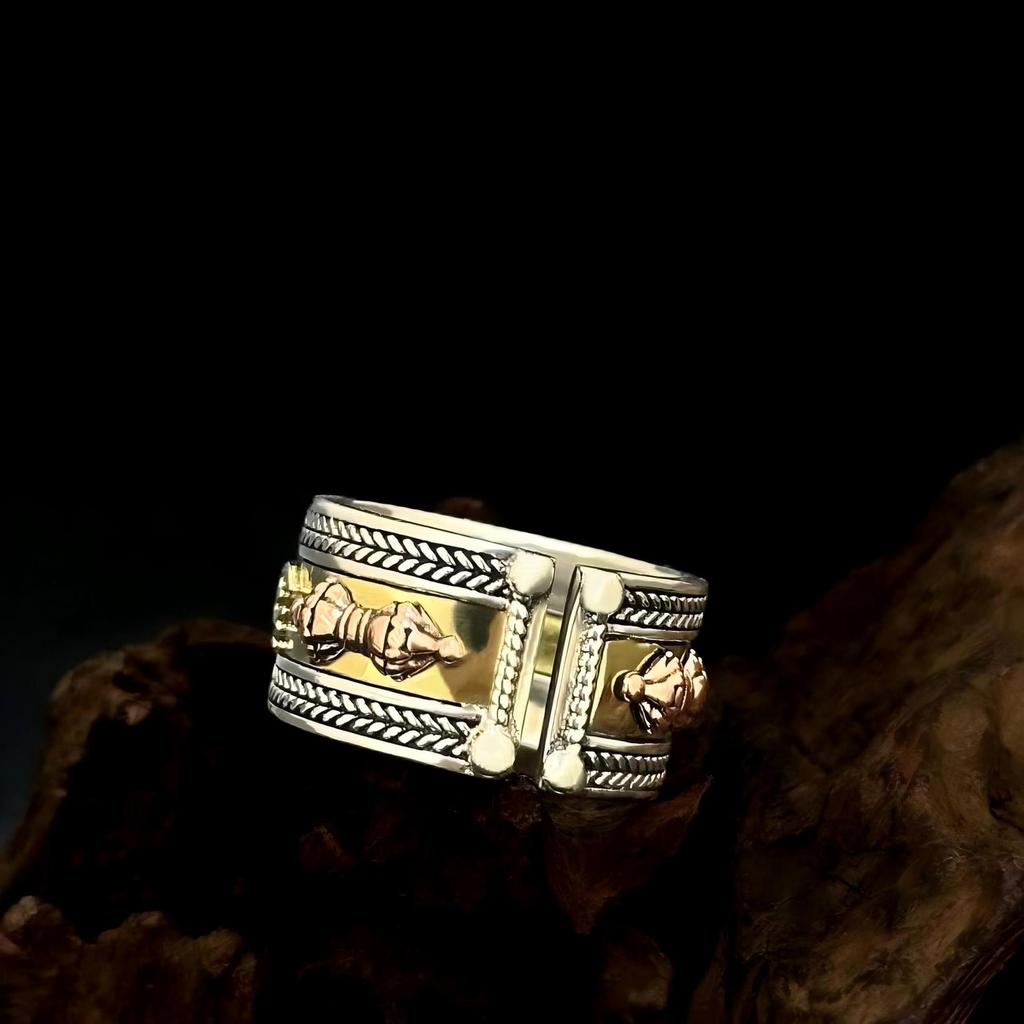 S925 Sterling Silver Guld & Silver Vajra Mantra Öppen Ring - Brett Band Retro Etnisk Stil för Män & Kvinnor.