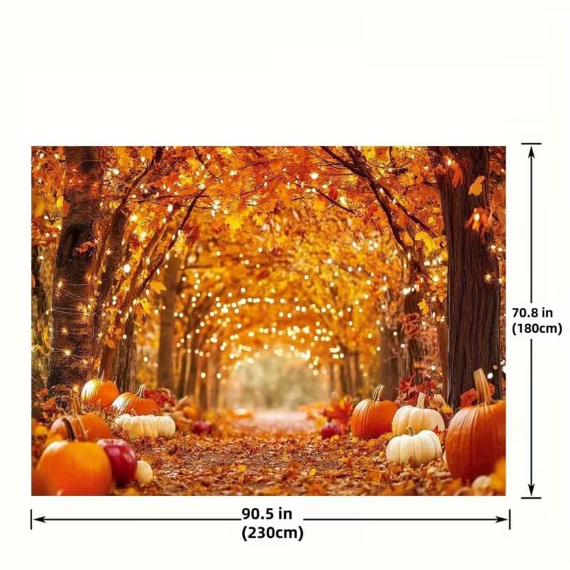 2D Fall Maple Tree Backdrop, Autumn Pumpkin Lane with Lights Thanksgiving Photography Background