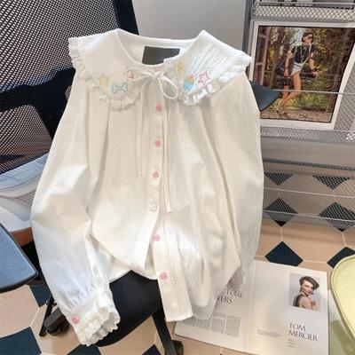Cute Peter Pan Collar Lace Blouse Autumn Winter New Solid Color Women's Shirt Long Sleeve Loose Versatile Cardigan Top