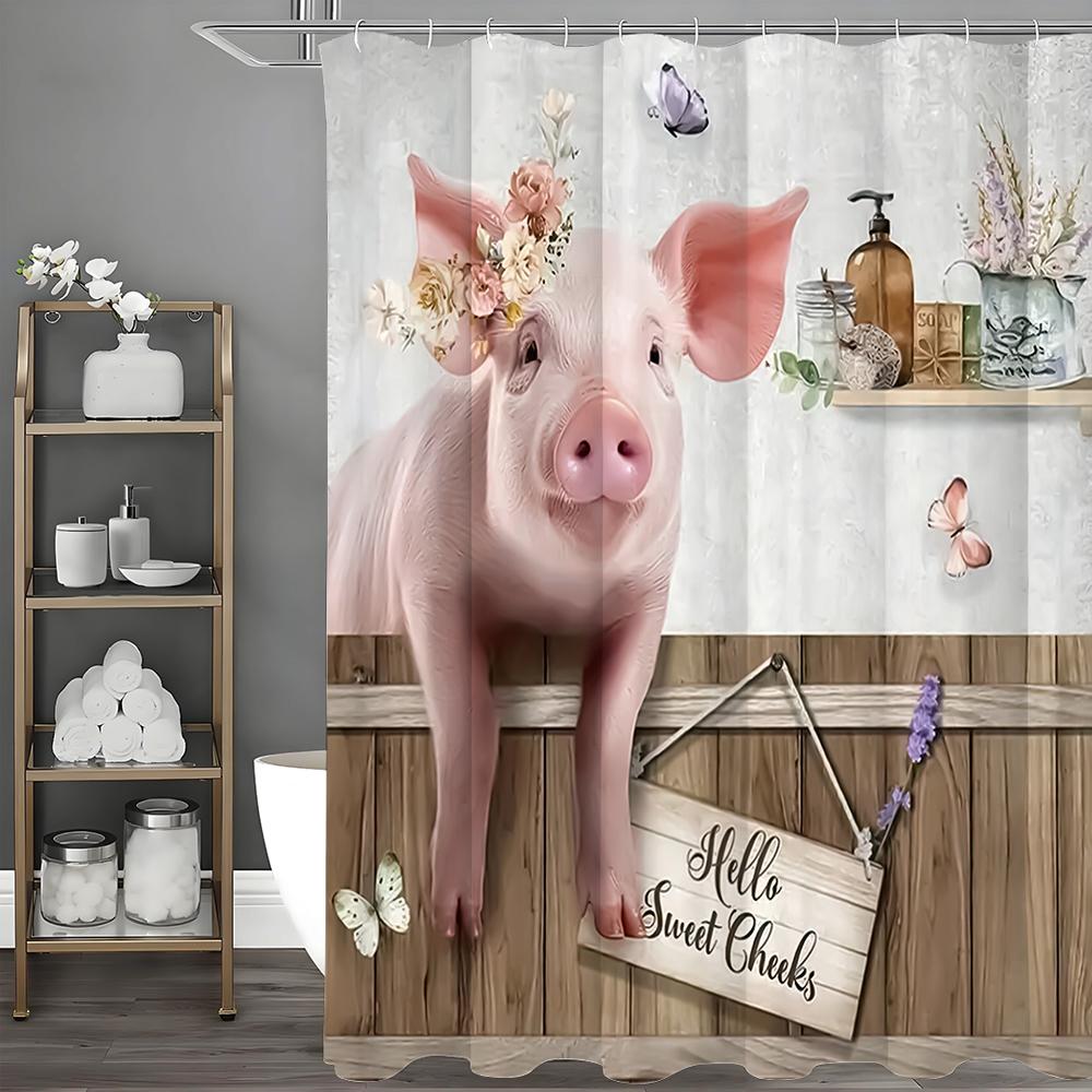 

Pink Piggy Farm Floral Butterfly Shower Curtain, Bathroom Decorative Shower Curtain, Waterproof Shower Curtain with Hooks 90*180cm