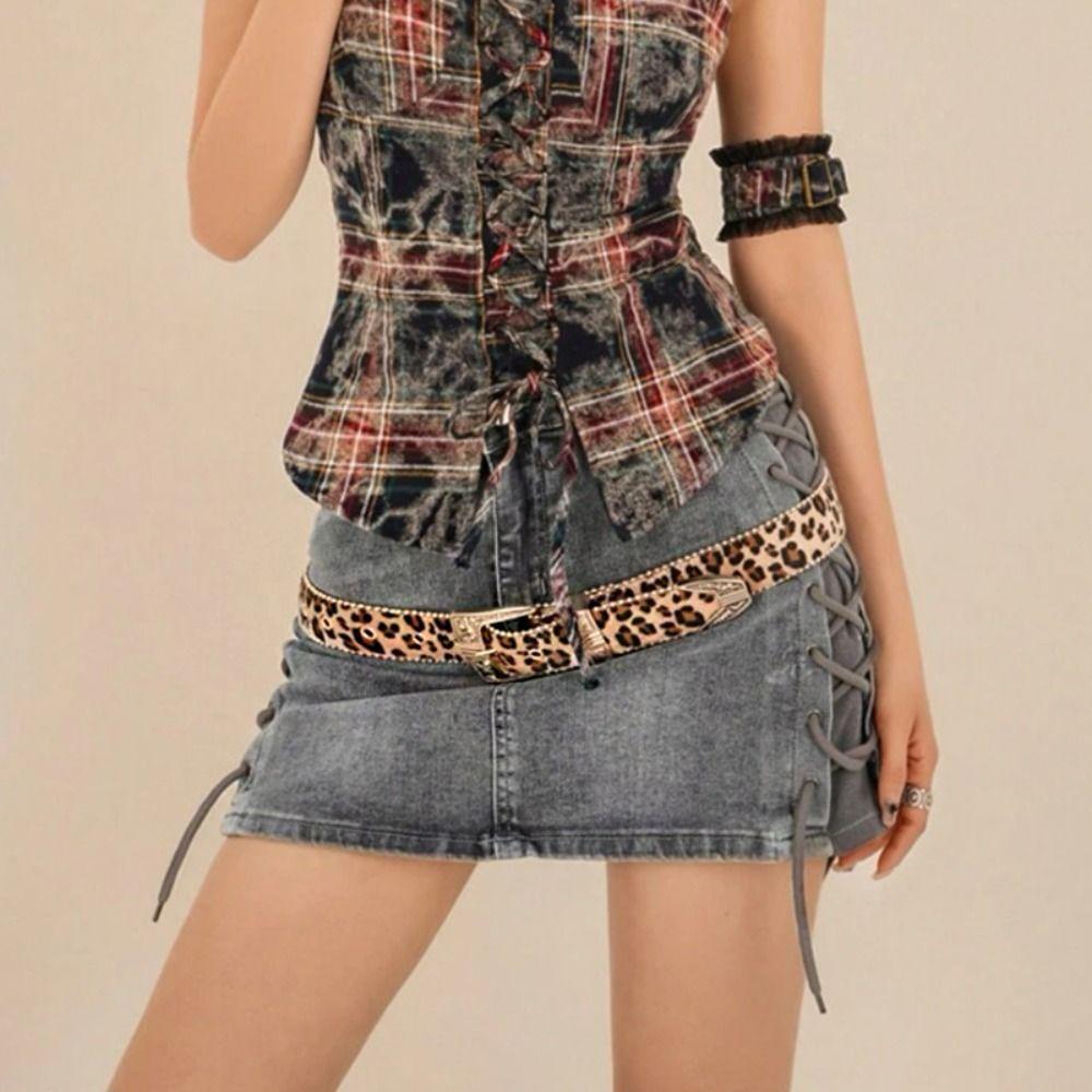 Y2K Carved Buckle Belt Cool PU Vintage Waistband Leopard Print Belt  Clothing Accessories