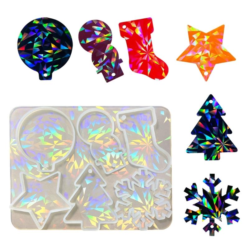 Holographic Christmas Silicone Mold for DIY Ornaments Snowman Resin Mold Christmas Tree Snowflake Pendant Epoxy Molds