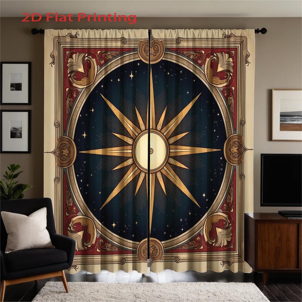 Set Of 2 Flat Printed Curtains Medieval Style Star Compass Pattern Dark Blue Red Golden Starry Sky Design Curtain Polyester