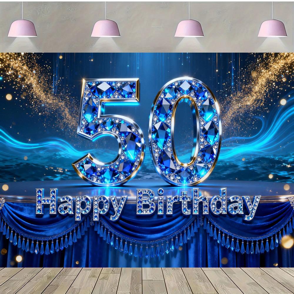 Alles Gute zum 50. Geburtstag mit Fotohintergrund zum Thema Blaue Edelsteine, Geburtstagsparty für Erwachsene, Familienfeier Dekoration Fotohintergrund