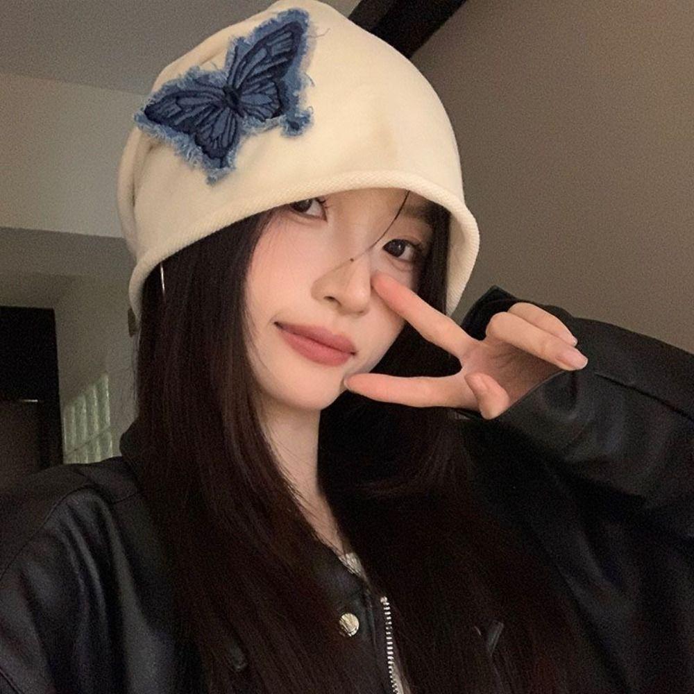 Patch Retro Skullies College Style Pullover Hat Casual Butterfly Beanies  Outdoor