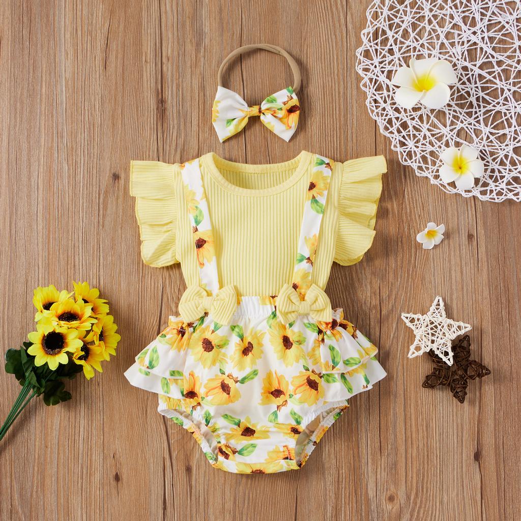 Toddler Baby Girls Solid Tops+Sunflower Floral Printed Suspender Shorts Outfits