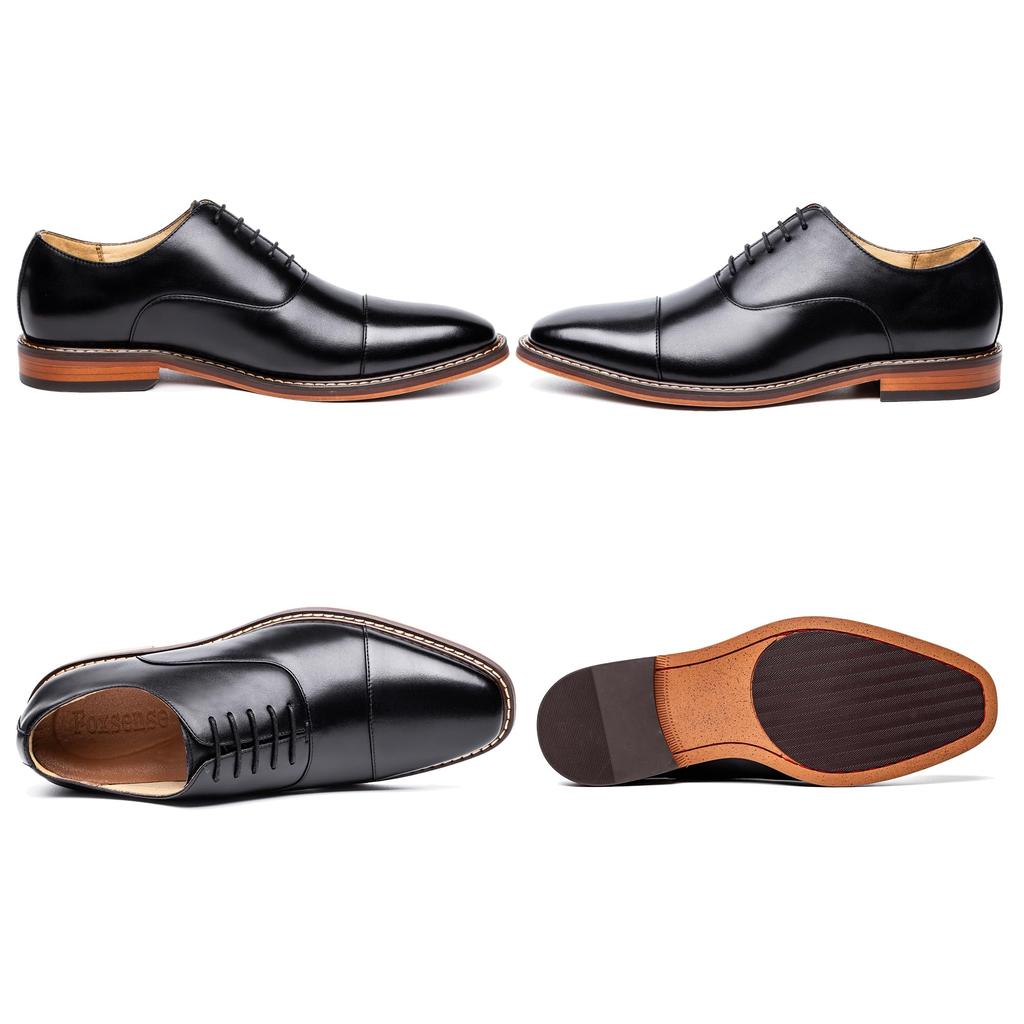 Foxsense Leather Business Dress Premium Genuine Leather with Inner Lightweight and Size Men's Shoes, Straight-Tip, Wingtip, Waterproof, Formal, Black,
