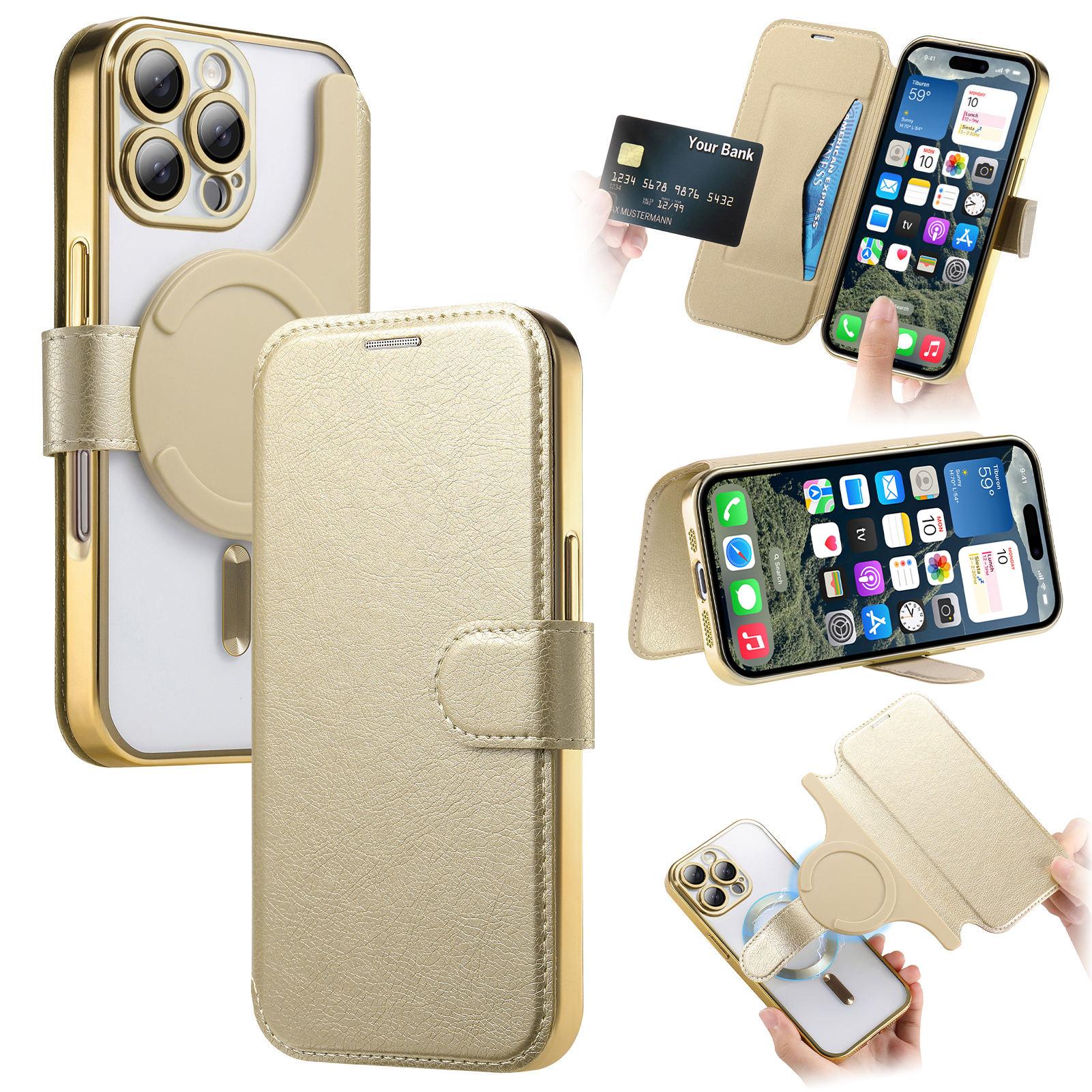 

CASENEO For iPhone 16 Pro Max Case with Lens Film TPU Inner Shell Detachable Leather Phone Cover Gold
