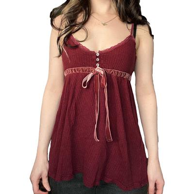 Retro Spitze Camisole Neckholder Rot Bluse Ärmellos Knöpfe