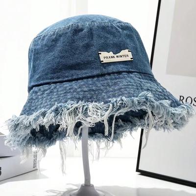 1 Solid Color Worn-out Bucket Cap with Letter Logo Decoration, Vintage Neutral Sunscreen Bucket Cap, Suitable for Daily Wear