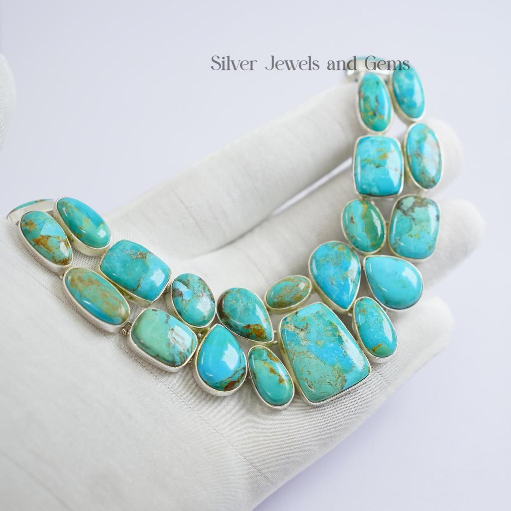 Natural Kingman Turquoise Necklace, Cluster Necklace, 925 Sterling Silver Necklace, Gift for Wife, Turquoise Statement Necklace