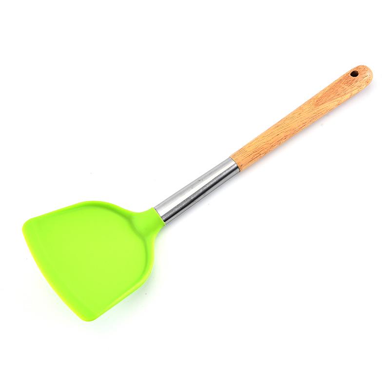 Durable Wooden Handle Silicone Kitchenware 7-Piece Set: Non-Stick Spatula & Spoon