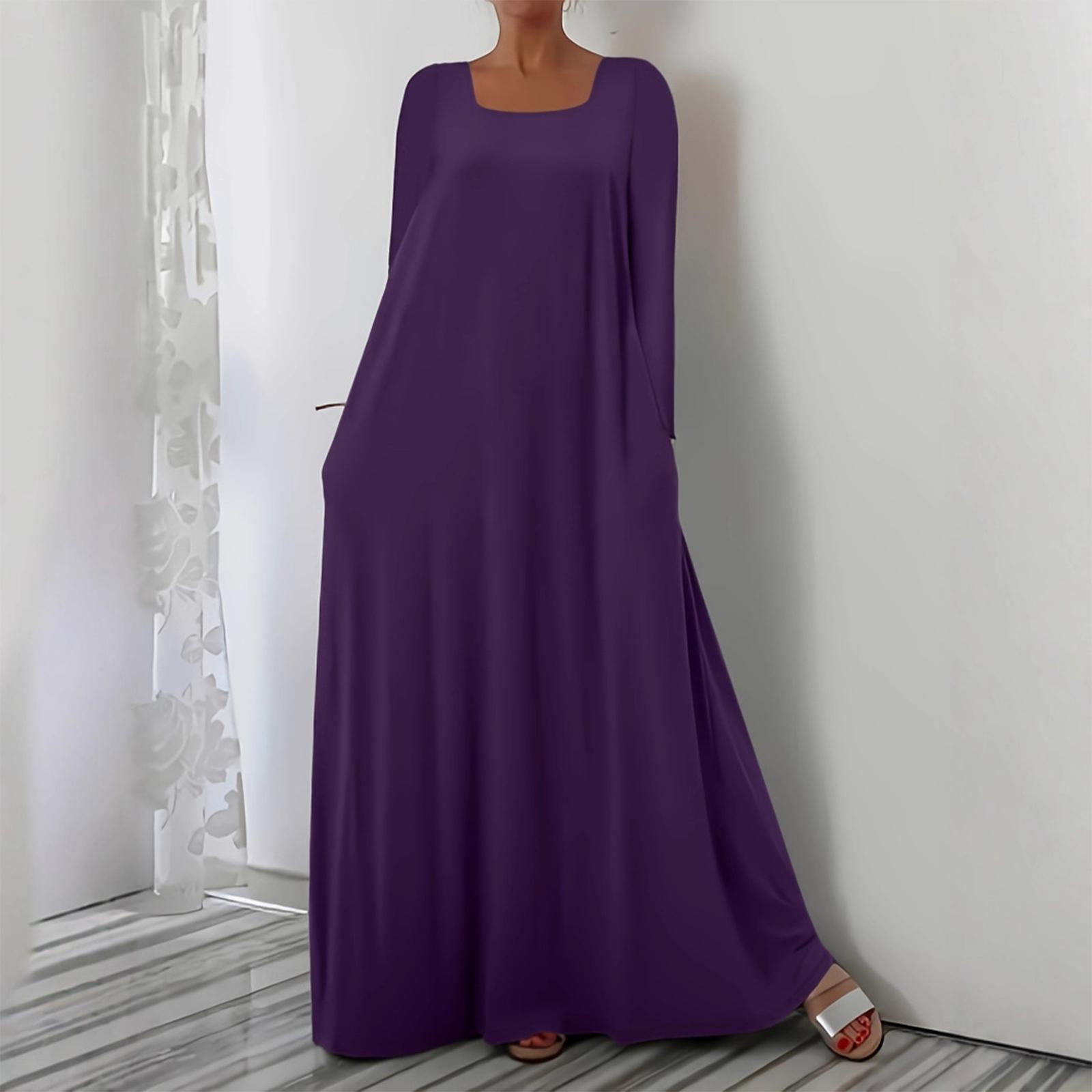 

Women s Fashionable Solid Color Square Neck Long Sleeved Casual Loose Fitting Pullover Long Dress L фіолетовий