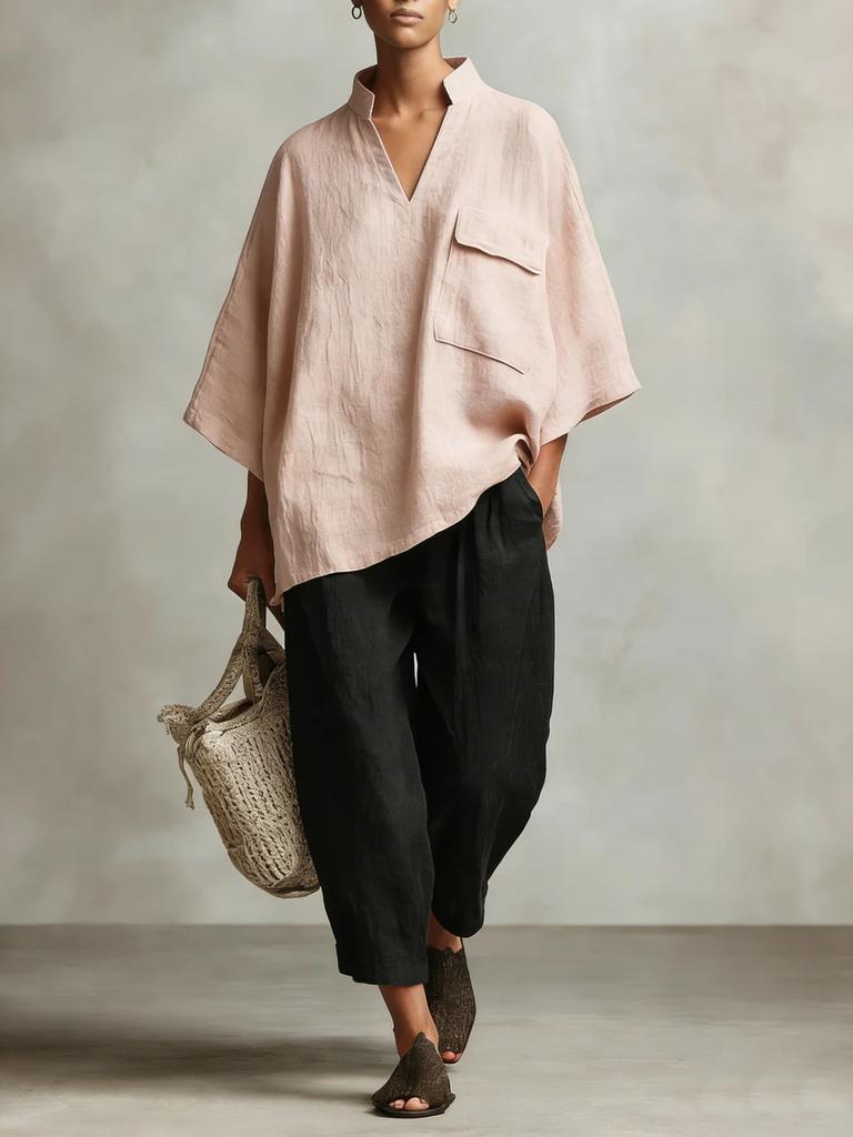 Women Loose V Neck Short Sleeve Cotton Linen Summer Shirt