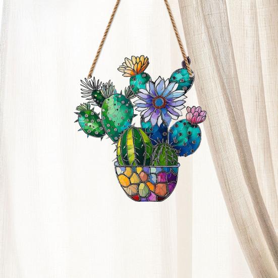 Yousheng Cactus Window Decor, Acrylic with Hemp Rope Lanyard Suncatcher, Lightweight Double Sided Printed Tropical Wall