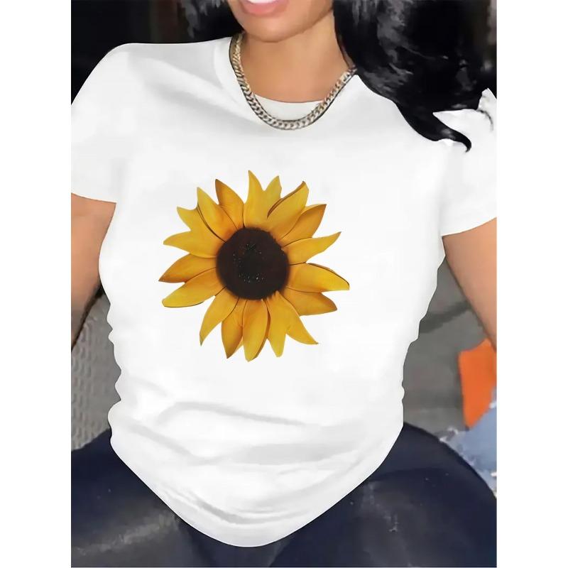 T-shirt pour femme Noir Blanc Imprimé Tournesol Manches Courtes Col Rond Blouse Décontractée Tissu Extensible Moyen Lavable en Machine